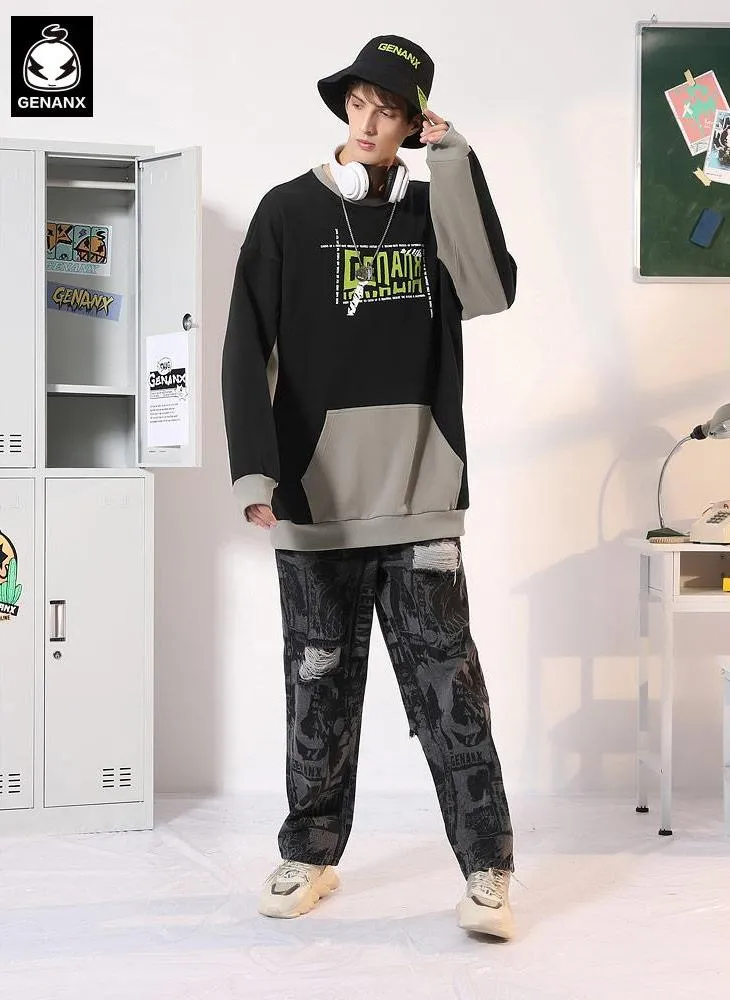 Color Block Letter Print Kangaroo Pocket Sweatshirt