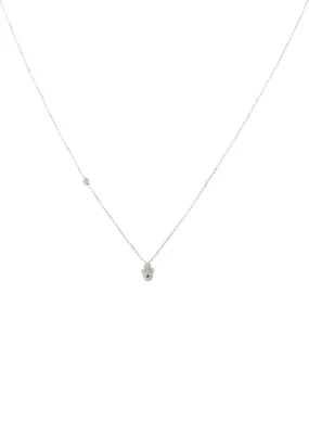 Hamsa Hand Necklace in Silver and White Zircon